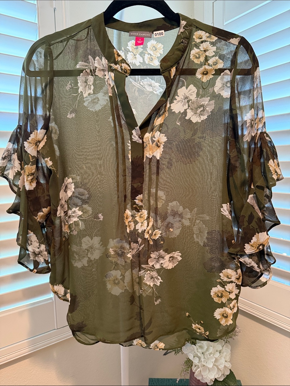 Vince Camuto Olive Floral Sheer Blouse
Size small